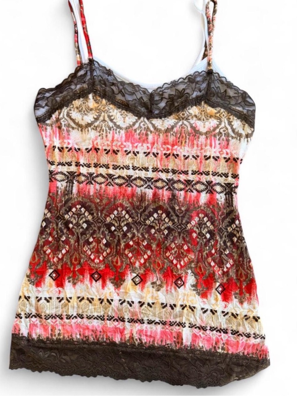 Almost Famous Printed Lace-Trim Cami Tank Top - Pink, Red & Brown